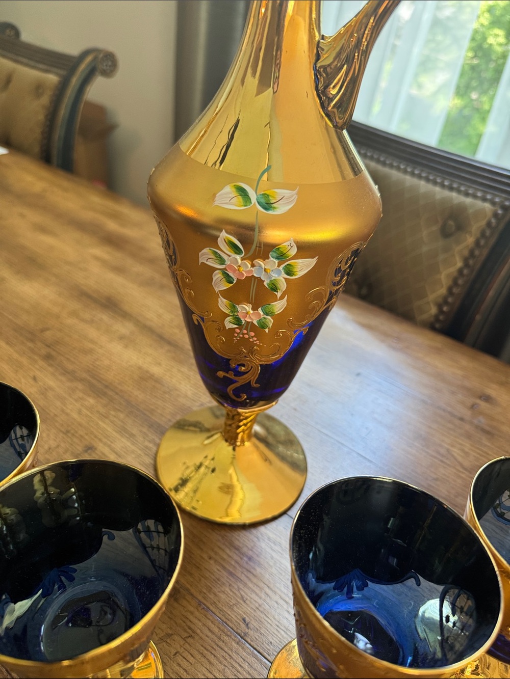 MURANO Venice Italy Blue Glass Decanter Set 7 | 6 Wine Glasses 24kt Gold Leaf - Picture 6 of 10